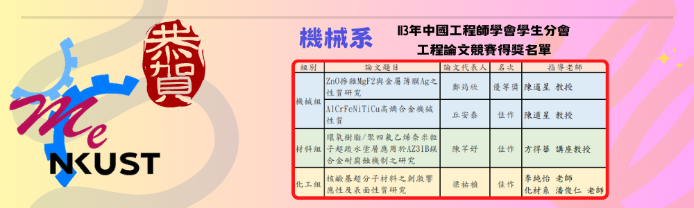 賀!機械系113年中國工程師學會學生分會工程論文競賽得獎名單